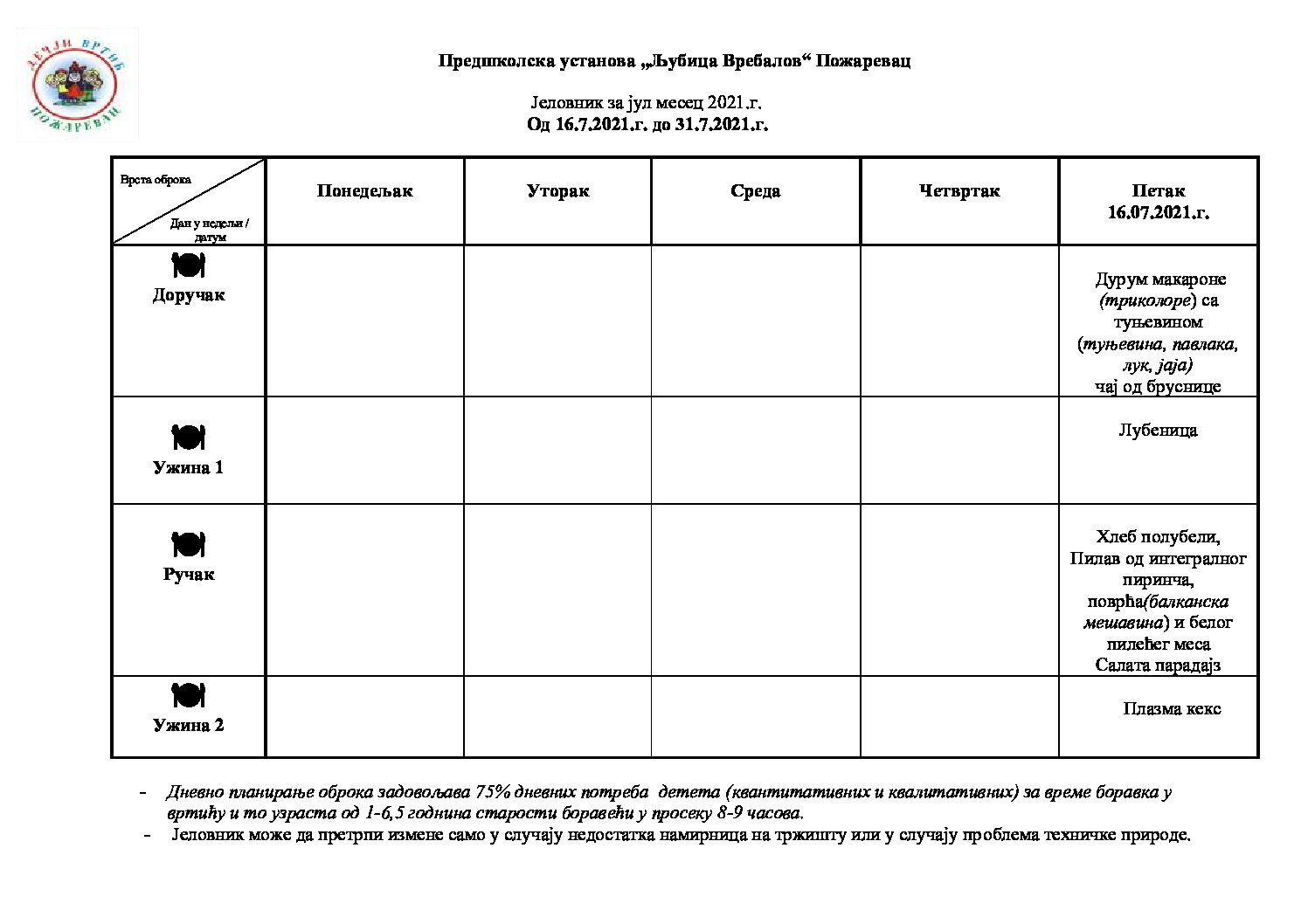 Јеловник за јул месец 2021.г. Од 16.7.2021.г. до 31.7.2021.г.