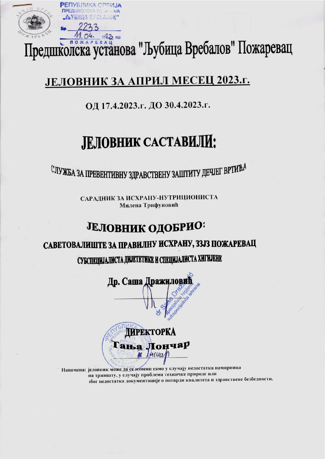 naslov i odobrenje za drugu polovinu aprila 2023