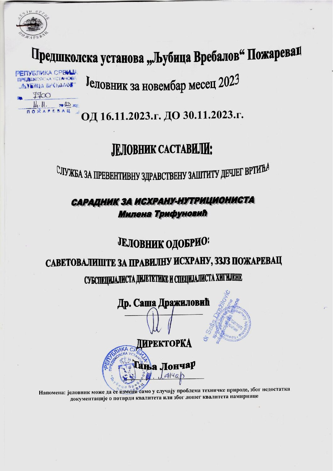 Naslov jelovnika za drugu polovinu novembra 2023