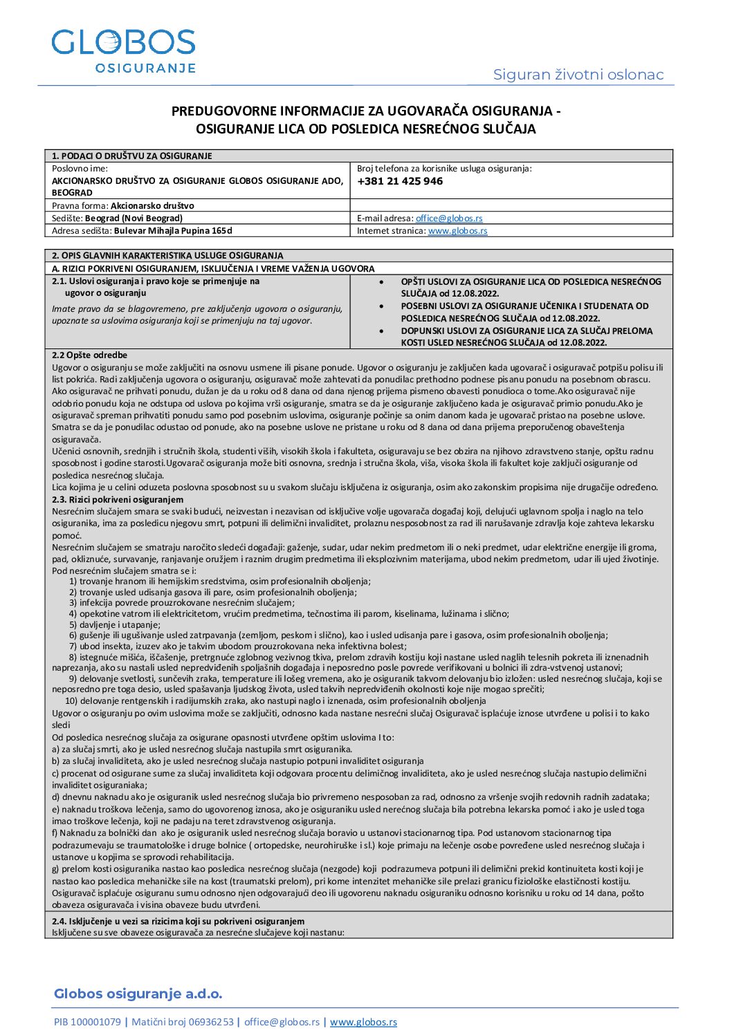 5. Предуговорно информисање за уговарача осигурања- осигурање лица од последица несрећног случаја